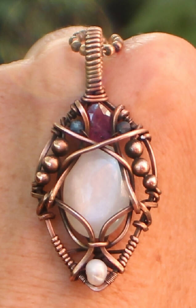 White Moonstone with Ruby, Kyanites & Pearl in Copper with chain