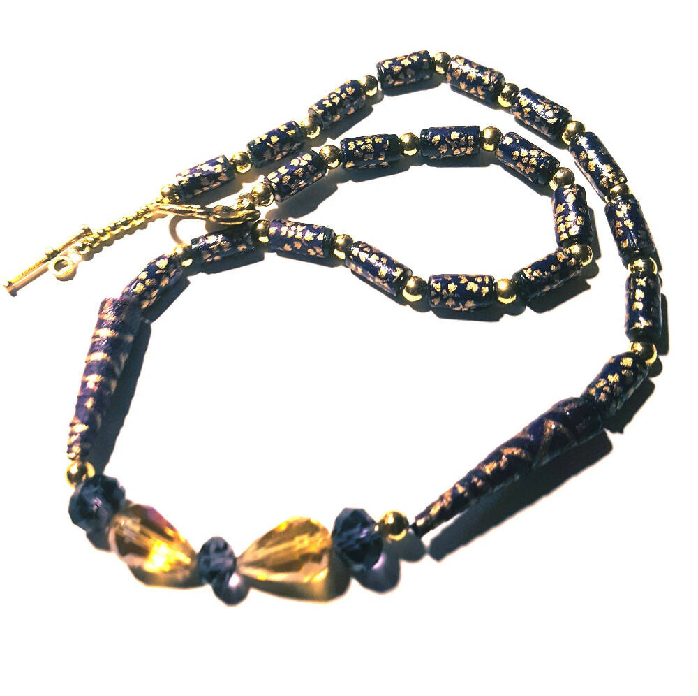 Beaded necklace, paper beads, black and gold