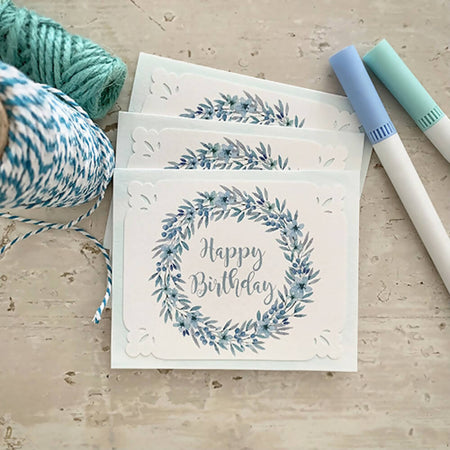 Set of 3 Notecards FREE POSTAGE - Aqua Floral Wreath Happy Birthday