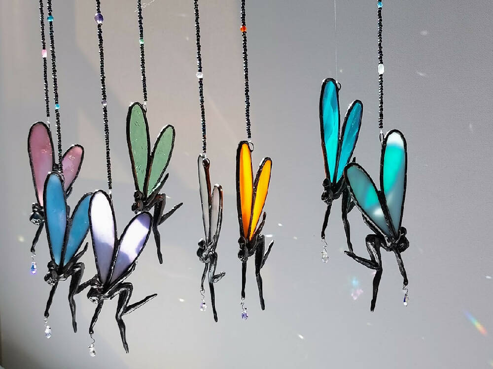 Stained glass fairy suncatcher, little pewter fairy window hanger