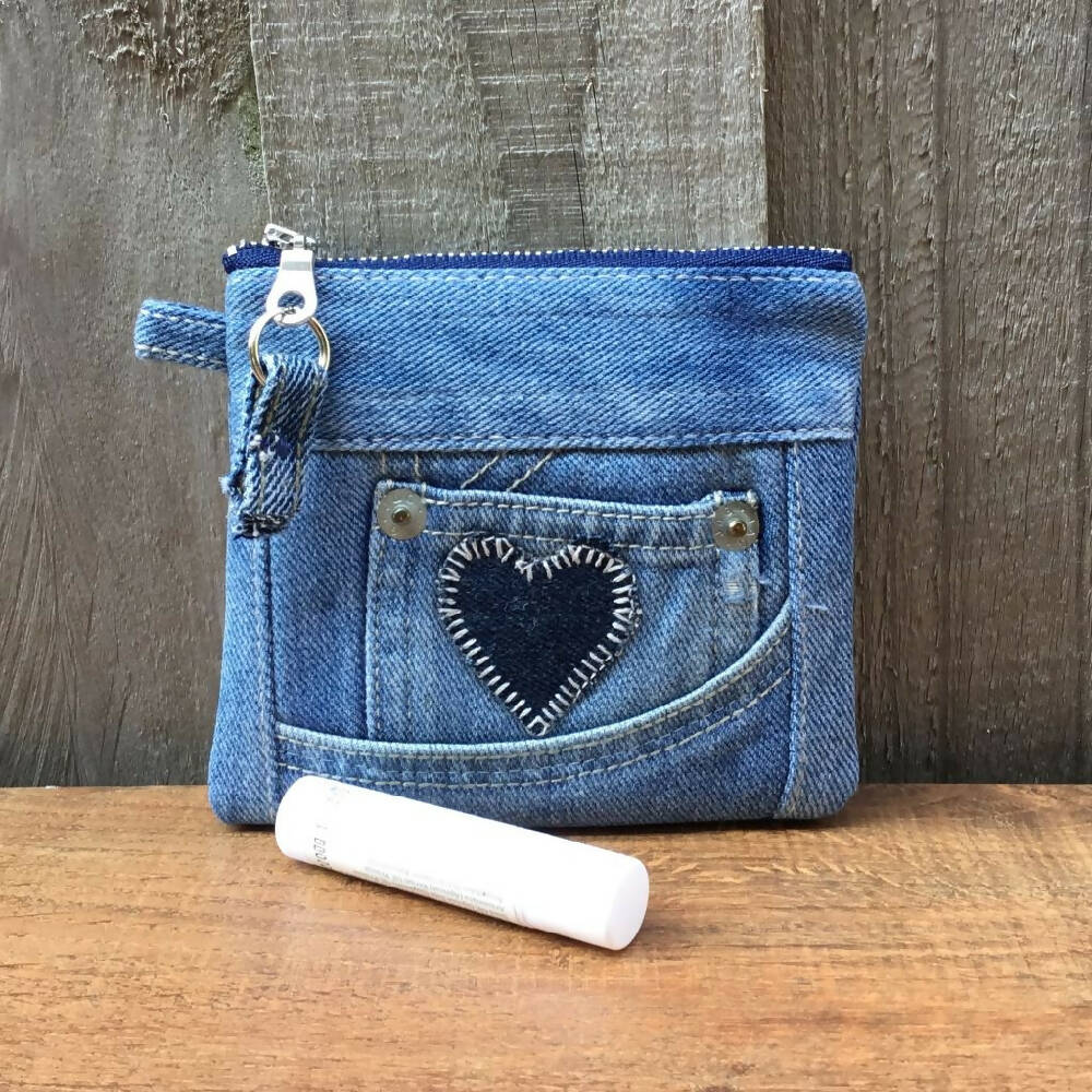 Small Upcycled Denim Earbud Pouch – Heart