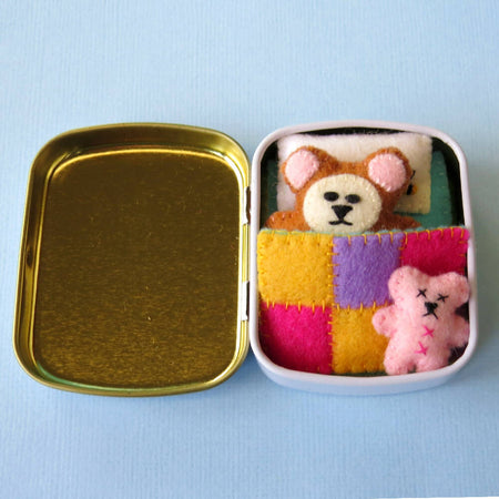 Miniature Teddy Bear - Wool Felt Play Set - Tin Bed
