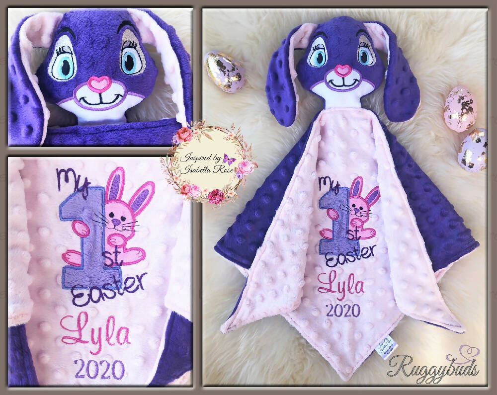 Baby comforter, Embroidered name, Bunny themed Ruggybud, Made to order