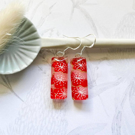 Red Cherry Blossom Earrings • Japanese Paper, Resin and Glass