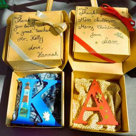 Gift box with inital letter as Christmas tree ornament for teacher, carer, friend...