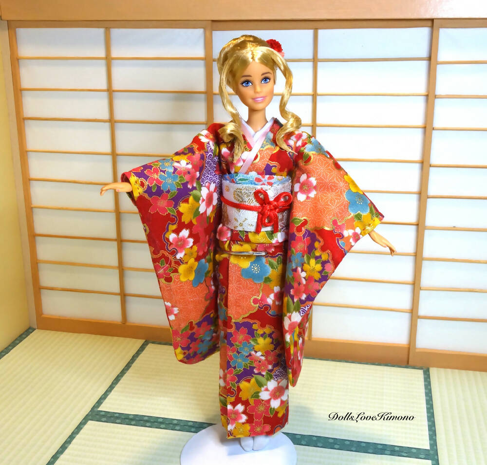 Doll clothes, red kimono set for 12 inch fashion dolls, handmade
