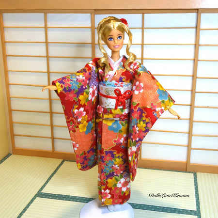 Doll clothes, red kimono set for 12 inch fashion dolls, handmade