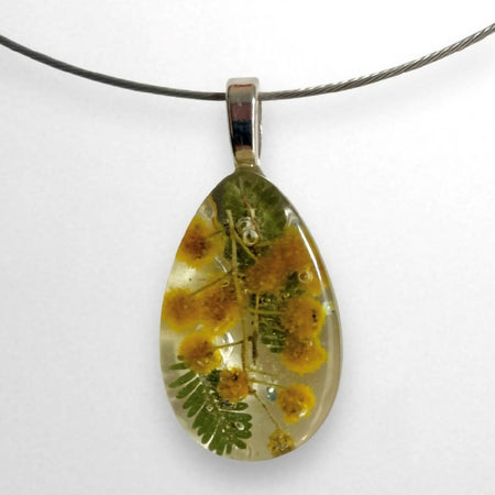 Golden Wattle Resin Pendant on Necklace