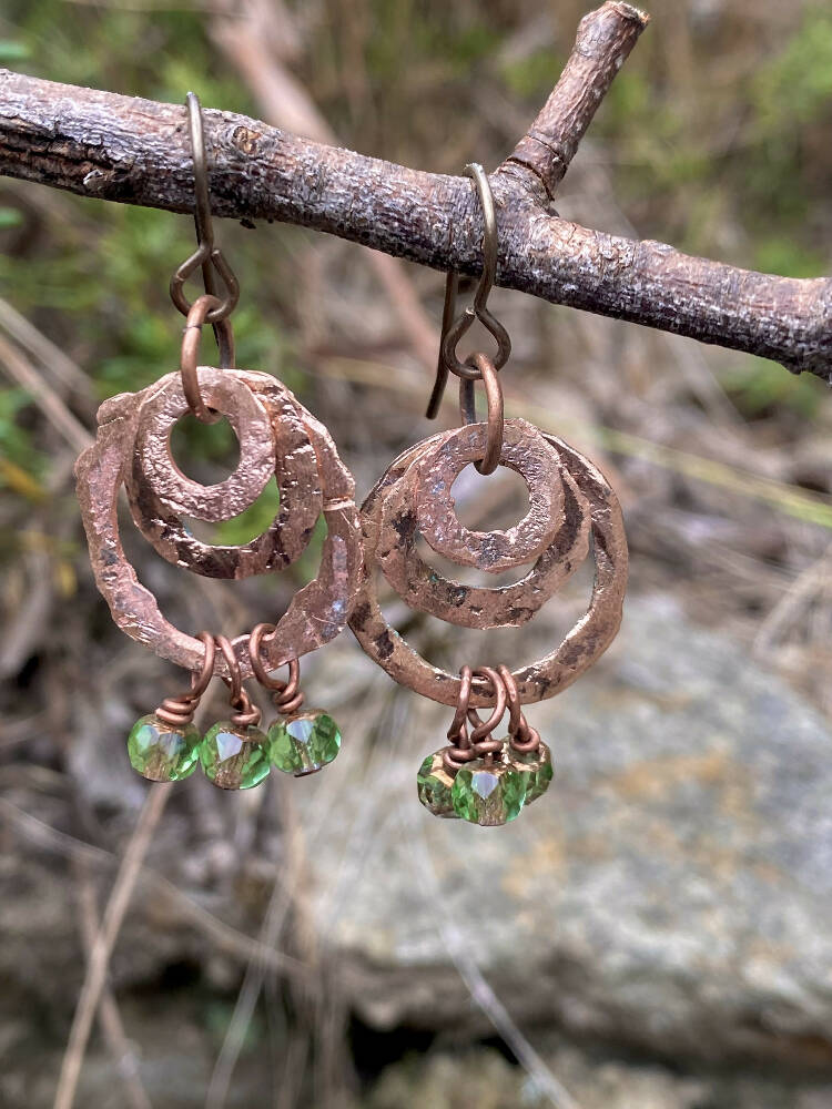 Hand Hammered Copper & Green Bead Earrings